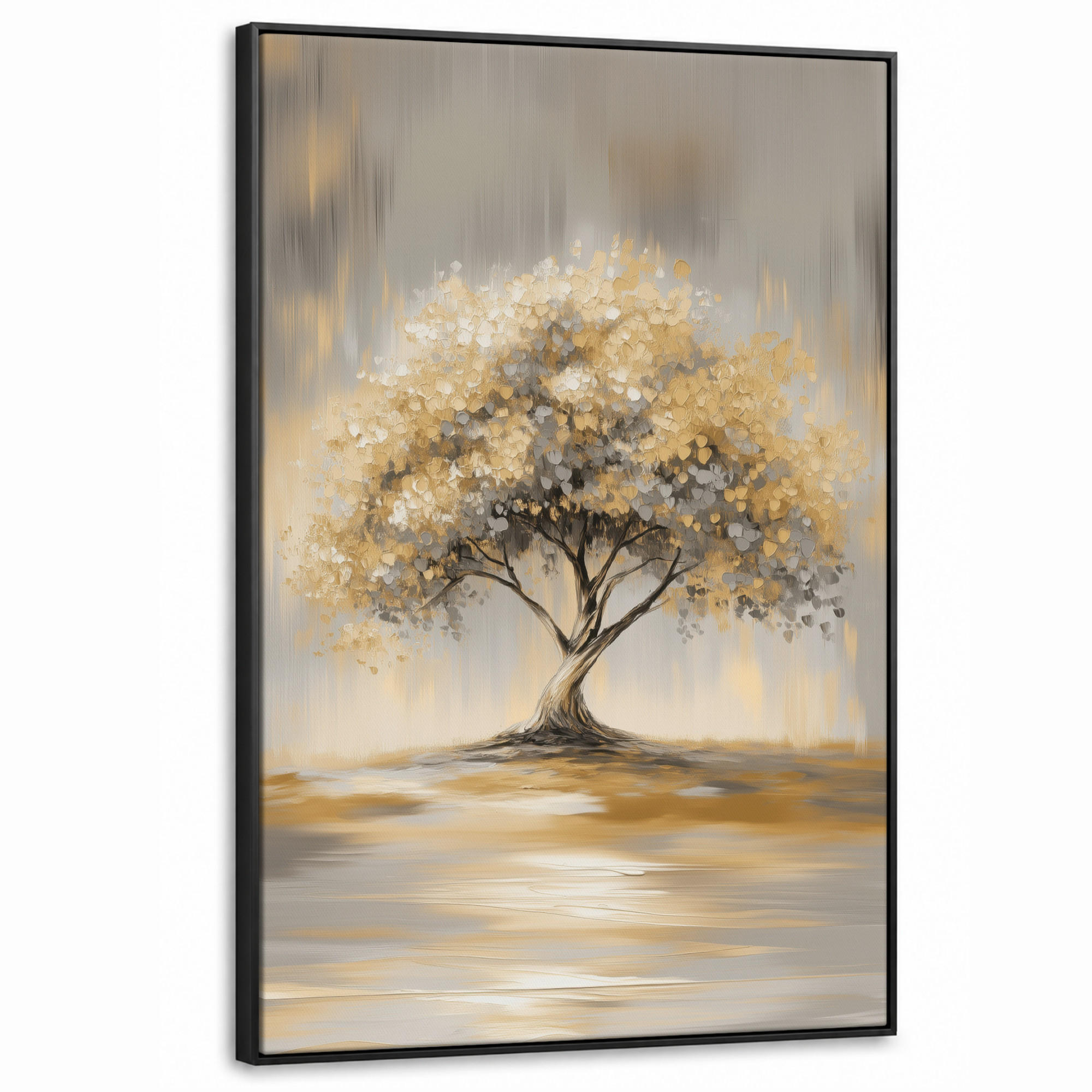 LEINWAND Bilder mit Rahmen - Gemälde - Baum - Abstrakt - Blätter - 90x140 - Beige, Textil (90/140cm) - MuchoWow
