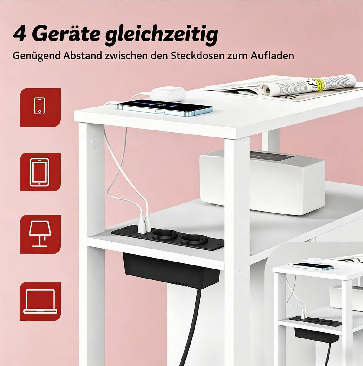 BEISTELLTISCH mit Steckdose 60 x 60 x 30 cm Holz Weiß - Weiß, Holz (60/30/60cm) - Meubliv
