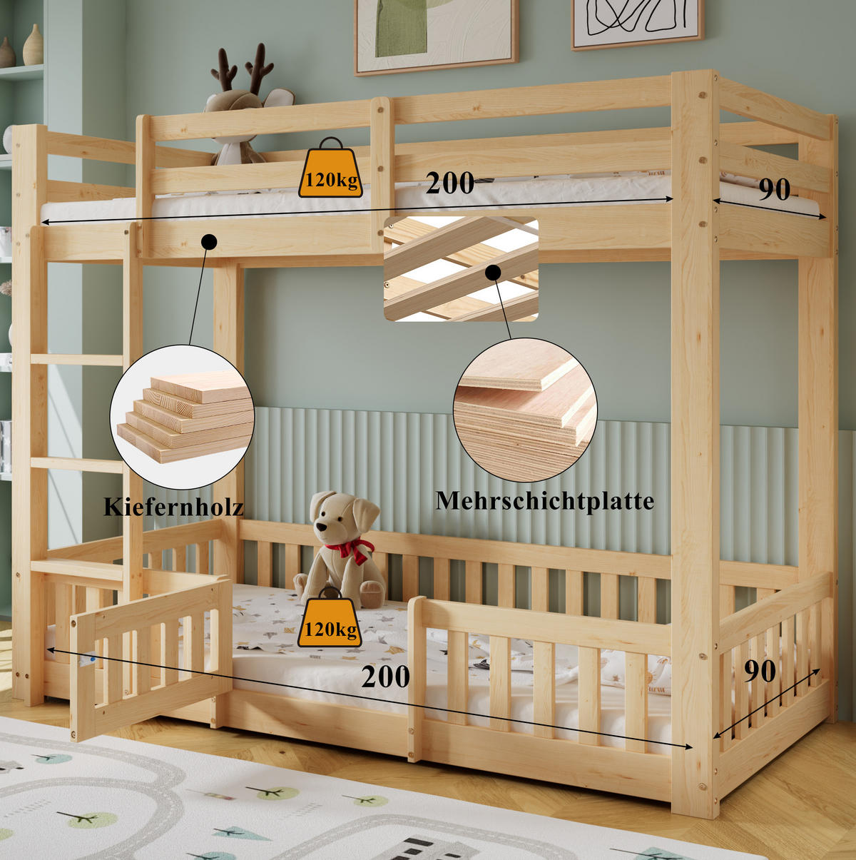 ETAGENBETT 90/200 cm aus Kiefern mit rechtwinkliger Treppe, Tür und freiem Raum darunter, Natur - Naturfarben, Holzwerkstoff (90/200cm) - Redom