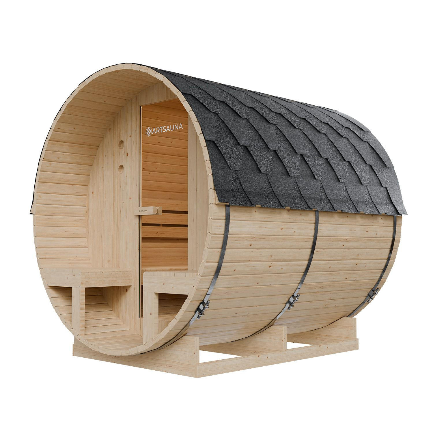 FASSSAUNA Spitzbergen 220 cm mit zwei Bänken (6 Personen) - Naturfarben, Holz (185/190/220cm) - Artsauna