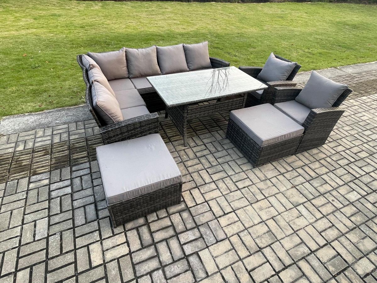LOUNGEMÖBEL-SETS mit Esstisch Sofa Polyrattan Dunkelgrau 10-Sitzer - Dunkelgrau/Grau, Glas/Kunststoff - Fimous
