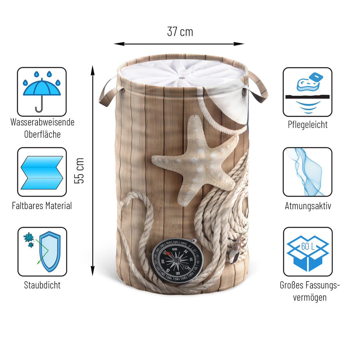 WÄSCHEKORB Maritime - Beige, Textil (37/55/55cm) - Sanilo