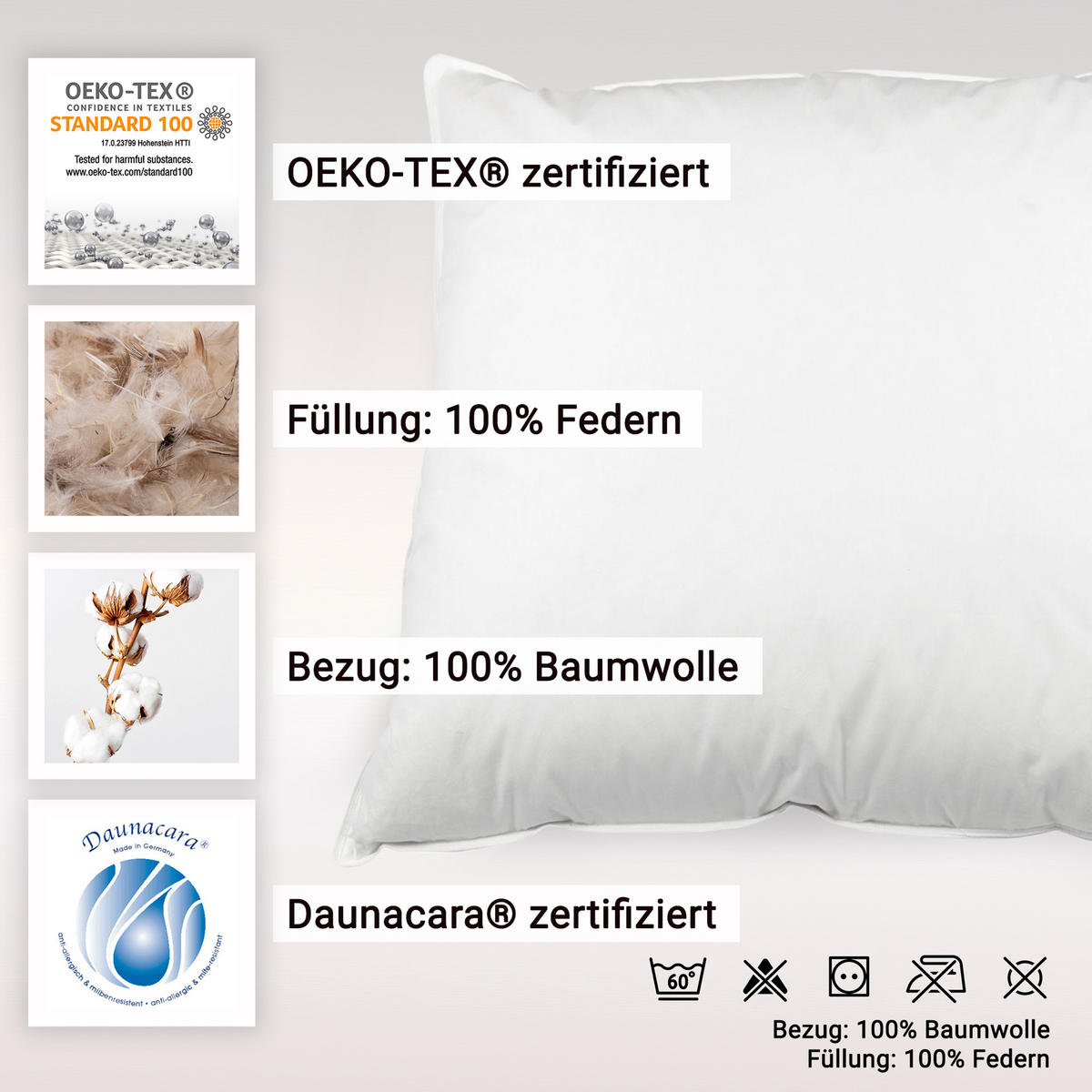 KISSEN, 80x80 cm, 100% Federn, Weiß - Weiß, Textil (80/80cm) - Zollner