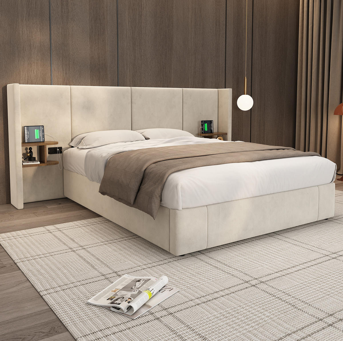 POLSTERBETT 160/200 cm mit USB-A, USB-C, Steckdosen, hydraulischem Stauraum und 2 Nachttischen aus Samt, Beige - Beige, Textil (160/200cm) - Redom
