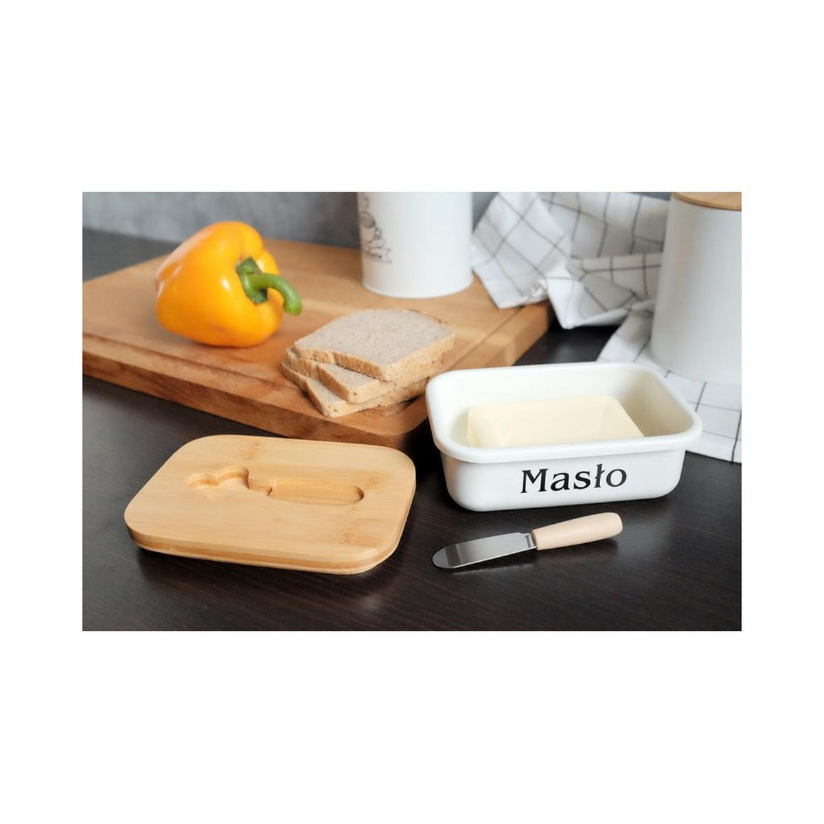 BUTTERDOSE aus Stahl mit Buttermesser 52996 - Weiß, Holz (10.5/6.5/15.5cm) - Brunbeste