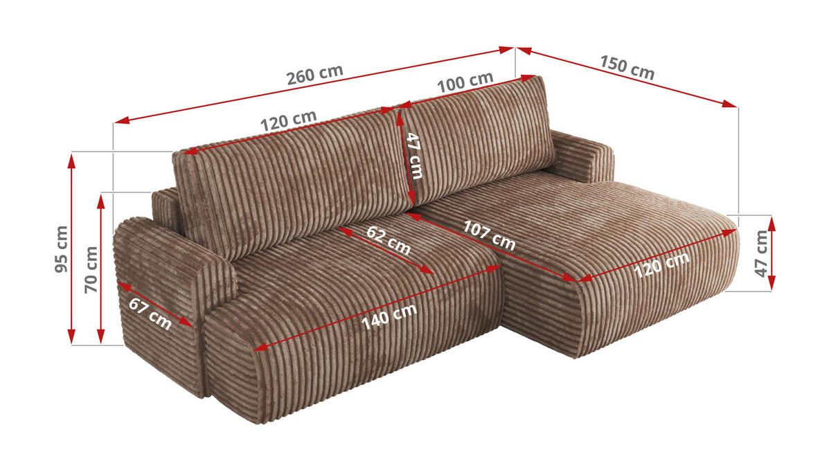 ECKSCHLAFSOFA TONO L Braun Cord - rechts - Schwarz/Braun, Kunststoff/Textil (150/260cm) - MKS