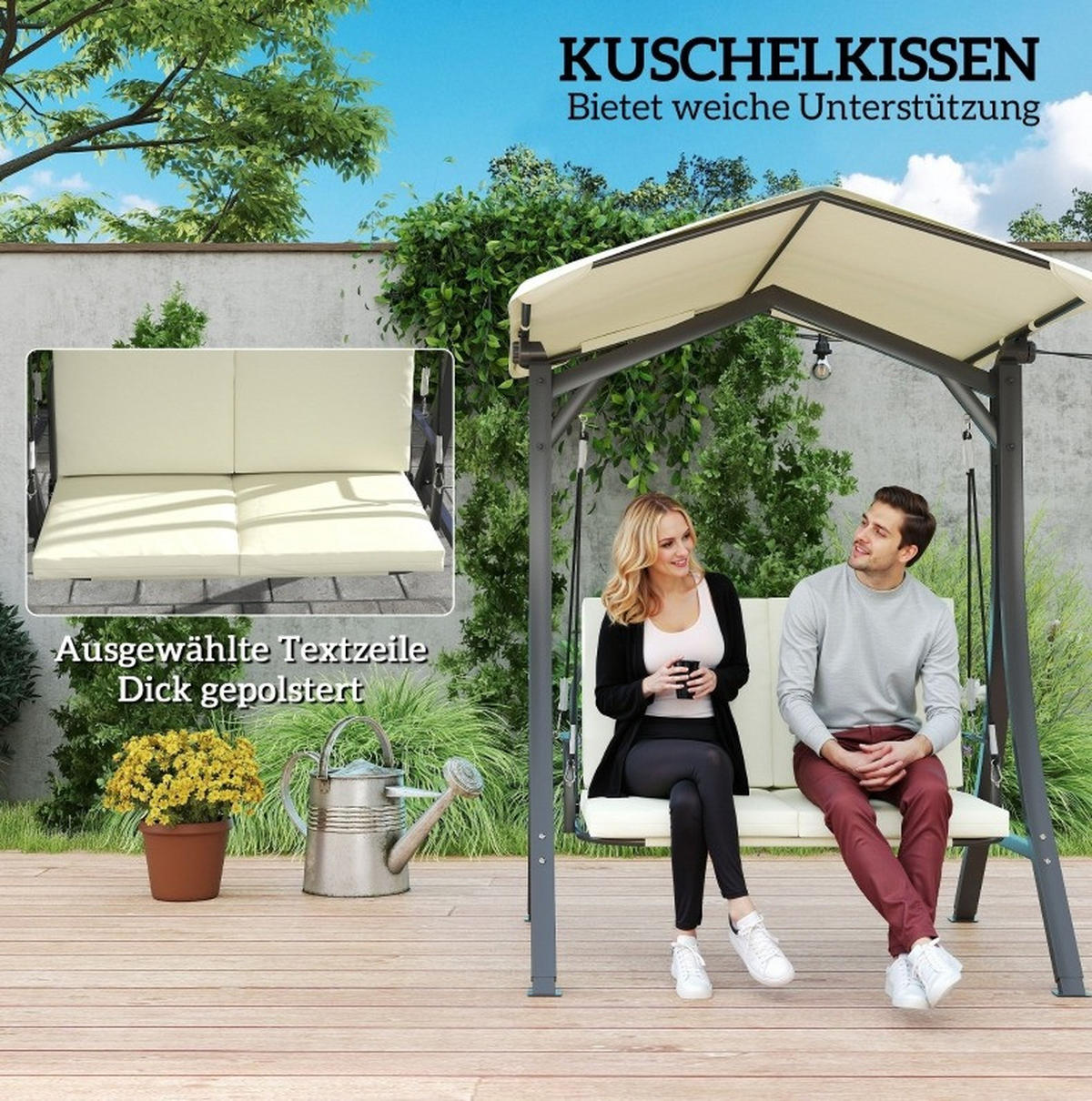 HOLLYWOODSCHAUKEL aus Polyester 150x120x182 cm in Beige mit verstellbarem Sonnendach - Beige, Textil (120/182/150cm) - Modfu