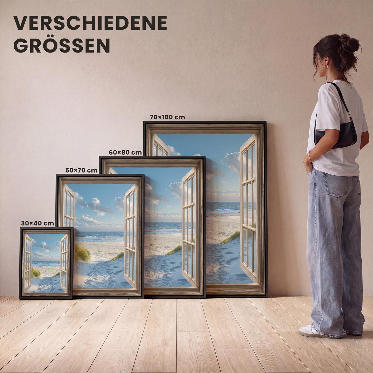LEINWAND Bilder mit Rahmen - Aussicht - Strand - Fenster - Dünen - Meer - 30x40 - Hellblau, Textil (30/40cm) - MuchoWow