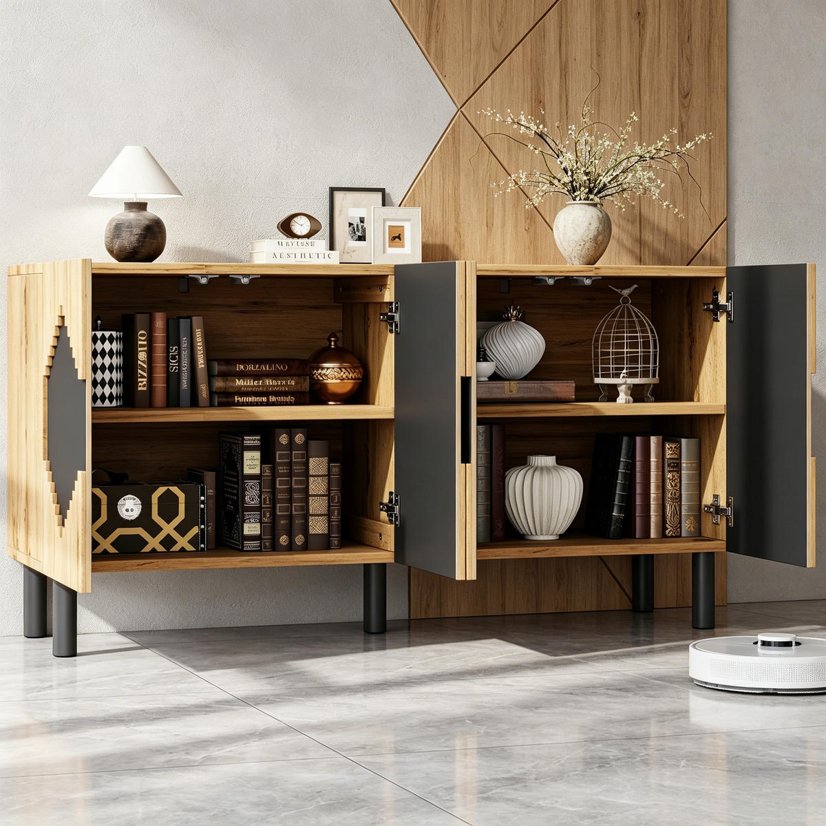 SIDEBOARD mit 2 Türen, Rautenmuster und Schließfächern Holzfarbe/Schwarz 140/40/70 cm - Schwarz/Naturfarben, Holzwerkstoff/Metall (140/70/40cm) - EVRYAE