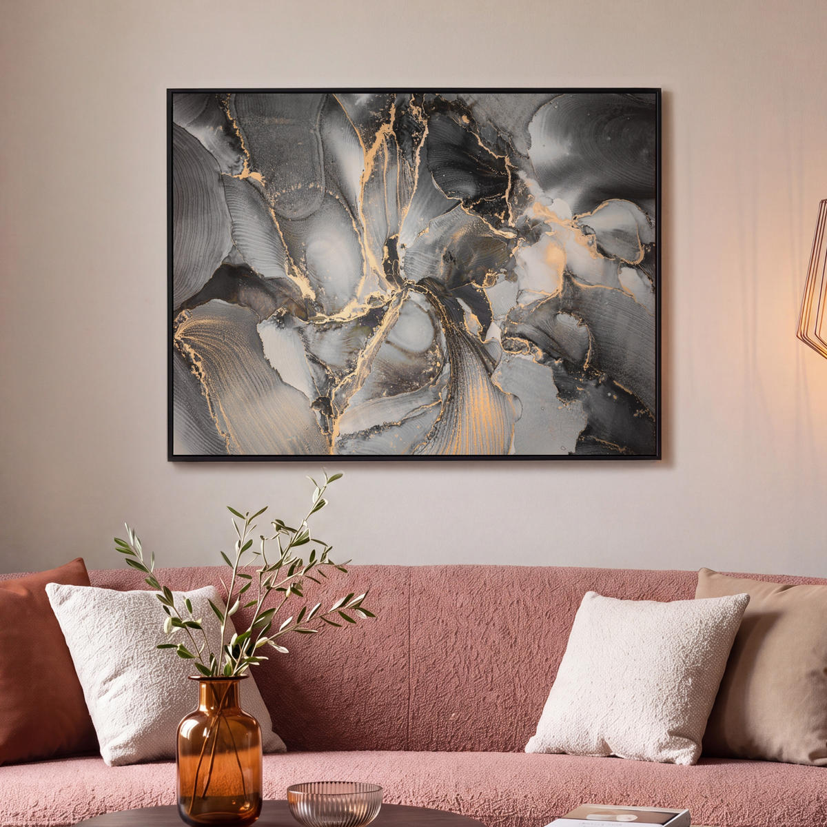 LEINWAND Bilder mit Rahmen - Grau - Luxus - Gold - Marmor - 100x70 - Dunkelgrau, Textil (100/70cm) - MuchoWow