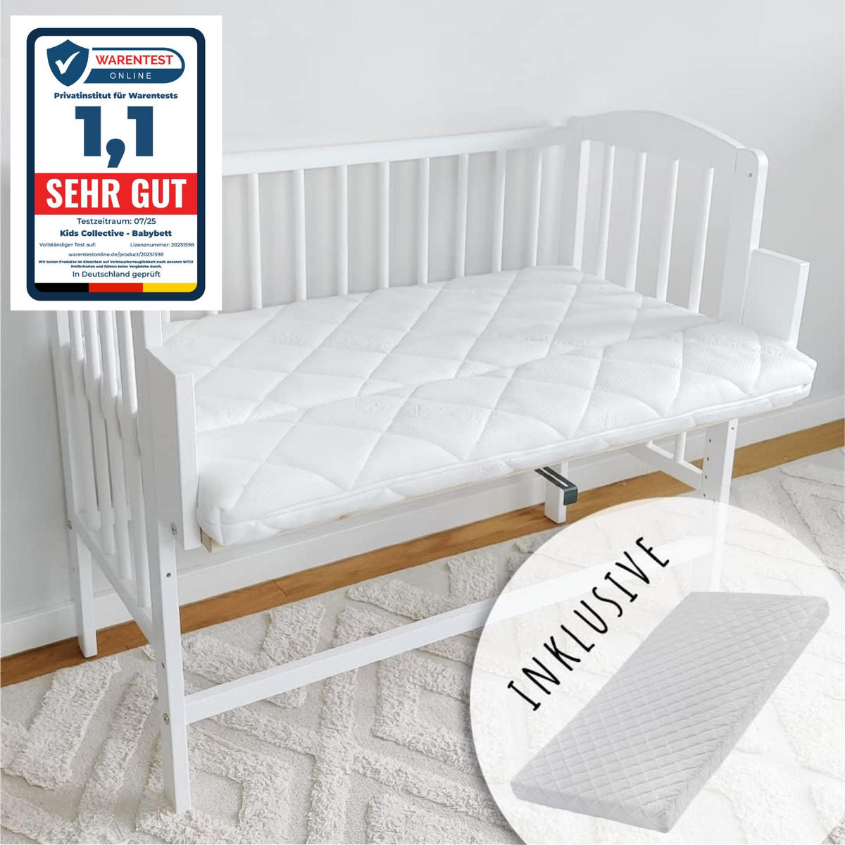 BABYBETT 90x40 cm mit Matratze, umbaubar zu 90x55 cm in weiß - Weiß, Holz (50/90cm) - Kids Collective