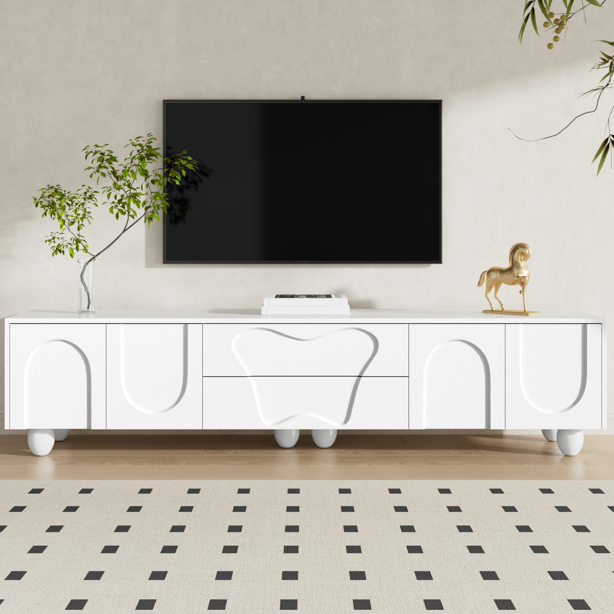 TV-KOMMODE aus Spanplatte 180x40x42 cm Weiß mit Schubladen und Fächern, matte Oberfläche und Massivholzbeine - Weiß, Holzwerkstoff (180/42/40cm) - Modfu