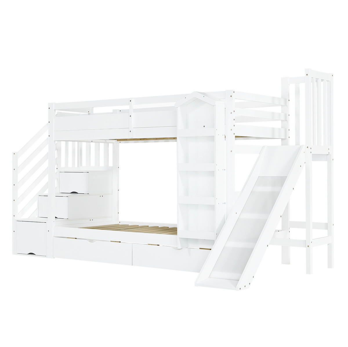 ETAGENBETT 90/200 cm aus Kiefer, MDF und Sperrholz mit Rutsche, Weiß - Weiß, Holz (90/200cm) - OKMYHOME
