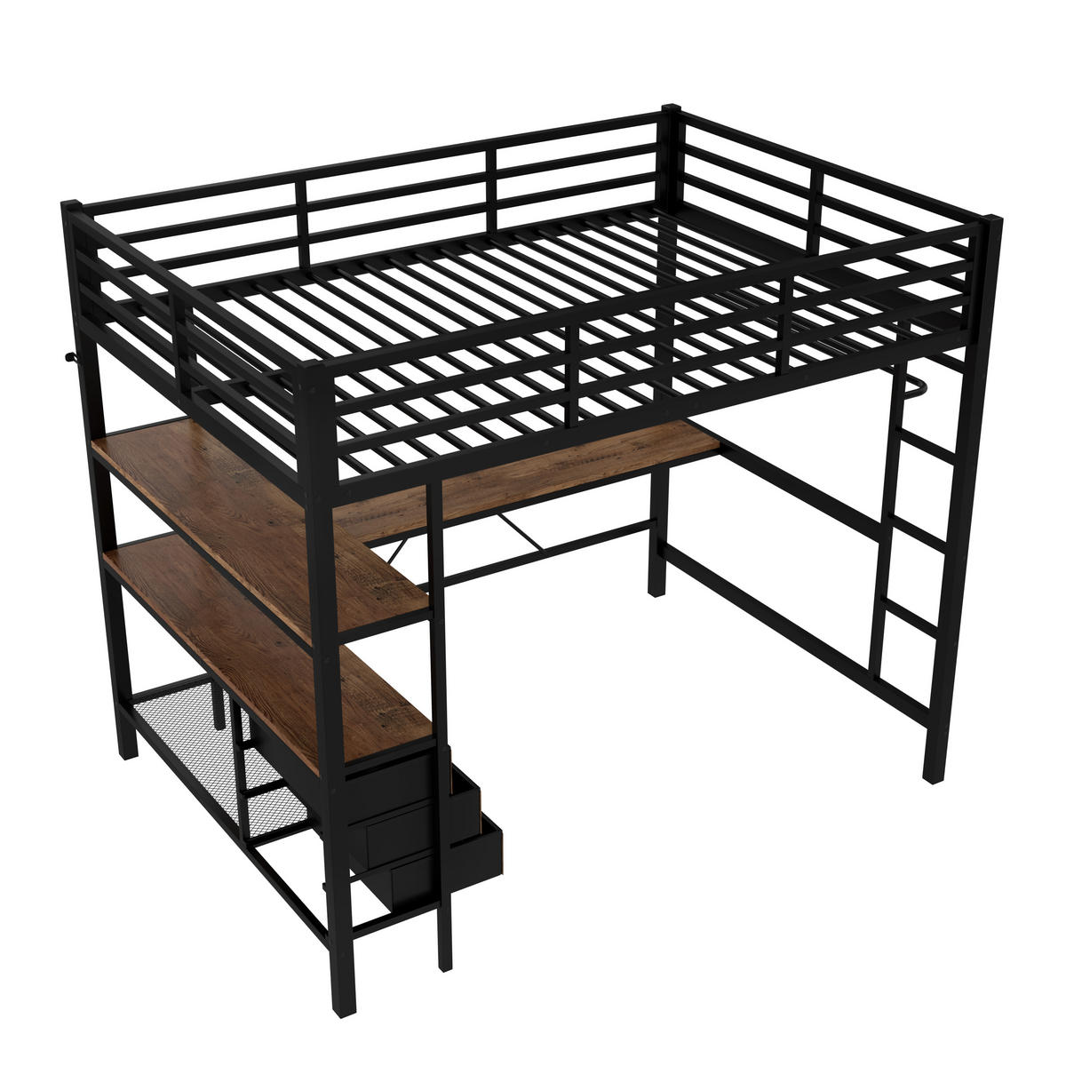 HOCHBETT 140/200 cm Schwarz mit LED-Beleuchtung Schreibtisch Steckdose USB und 3 Schubladen - Schwarz, Metall (140/200cm) - OKWISH