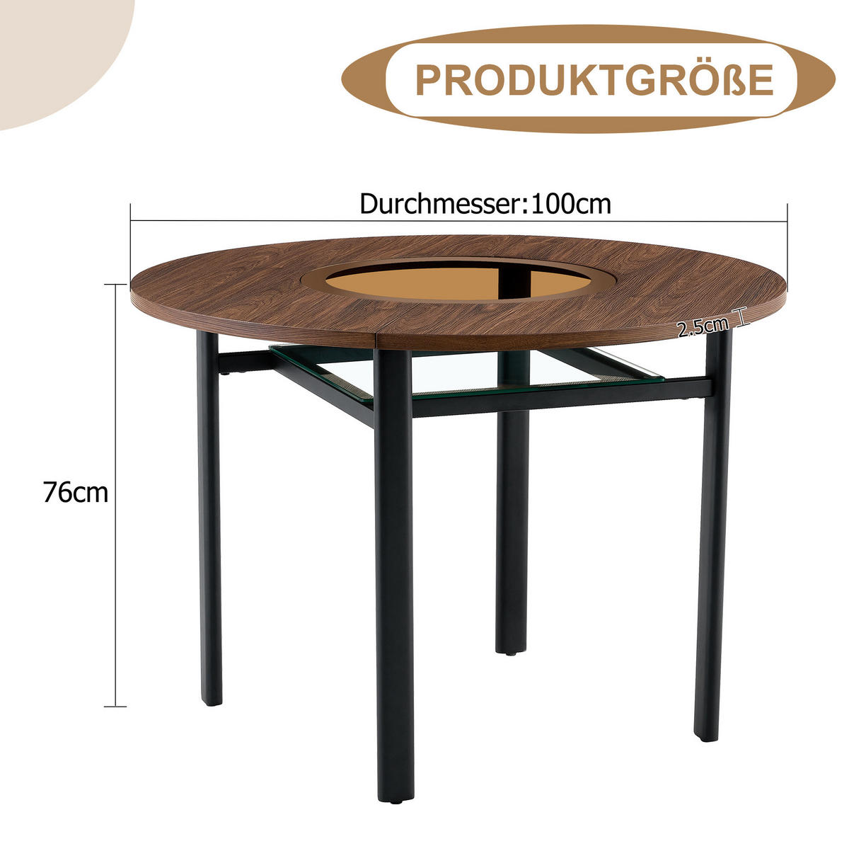ESSTISCH 100 cm Braun/Schwarz aus Glas, Metall und MDF mit Glasintarsie - Braun, Holzwerkstoff (100/100/76cm) - OKMYHOME