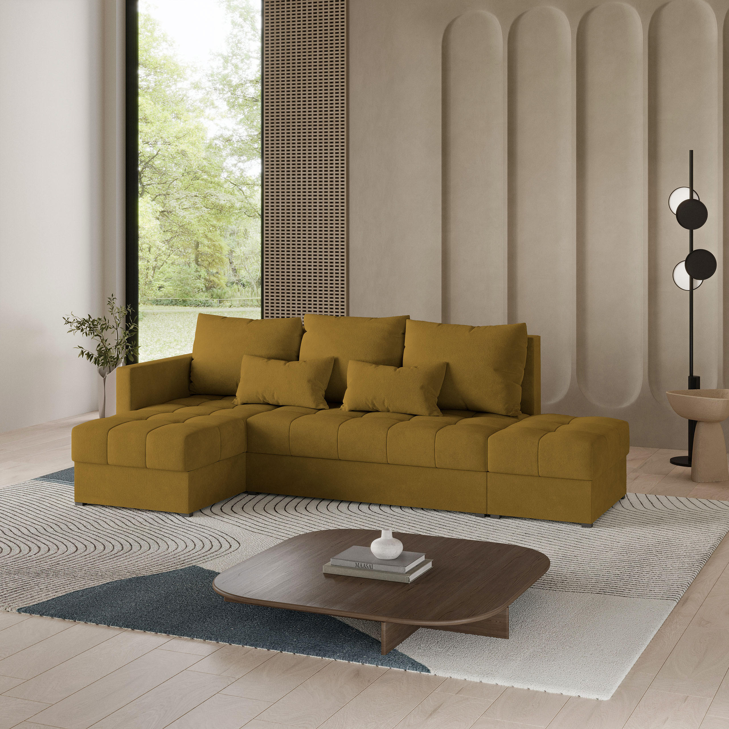 ECKSOFA LUMARI L-S Gelb Plüsch-Stoff mit Schlaffunktion - Gelb, Holz (262/143cm) - MASSENO