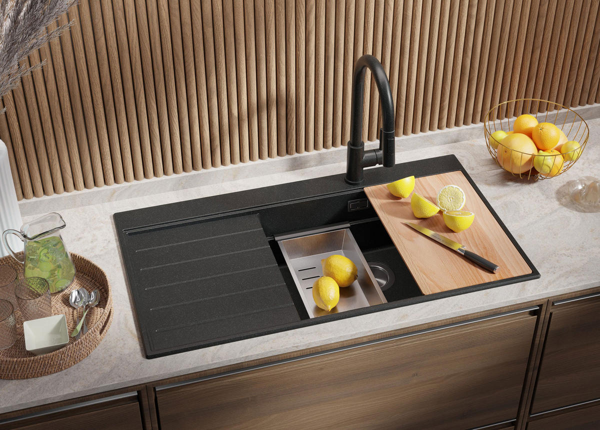 SPÜLBECKEN Sydney, 2-er set Anthrazit 90/50 cm 1 Becken + Ablauf-Set + Küchenzubehörset ab 60er Unterschrank - Chromfarben/Anthrazit, Kunststoff (90/20/50cm) - Primagran