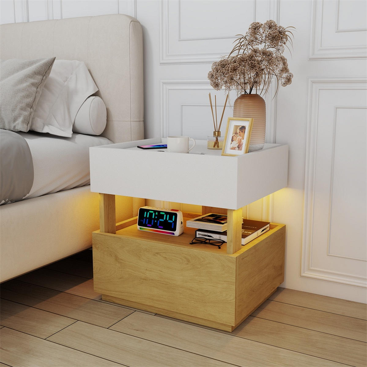 NACHTTISCH 50x40x50 cm mit 2 Schubladen - zweistöckiger Nachttisch mit LED Beleuchtung - Natur und Weiß - Weiß, Holzwerkstoff (50/50/40cm) - DELFA