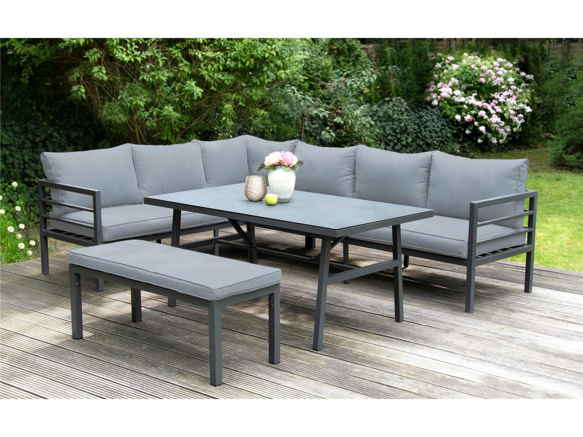 LOUNGE-SET Maia Grau / Anthrazit-Grau für 8 Personen, Aluminium pulverbeschichtet, Sicherheitsglas Stone-Look - Grau, Kunststoff - bellavista - Home & Garden