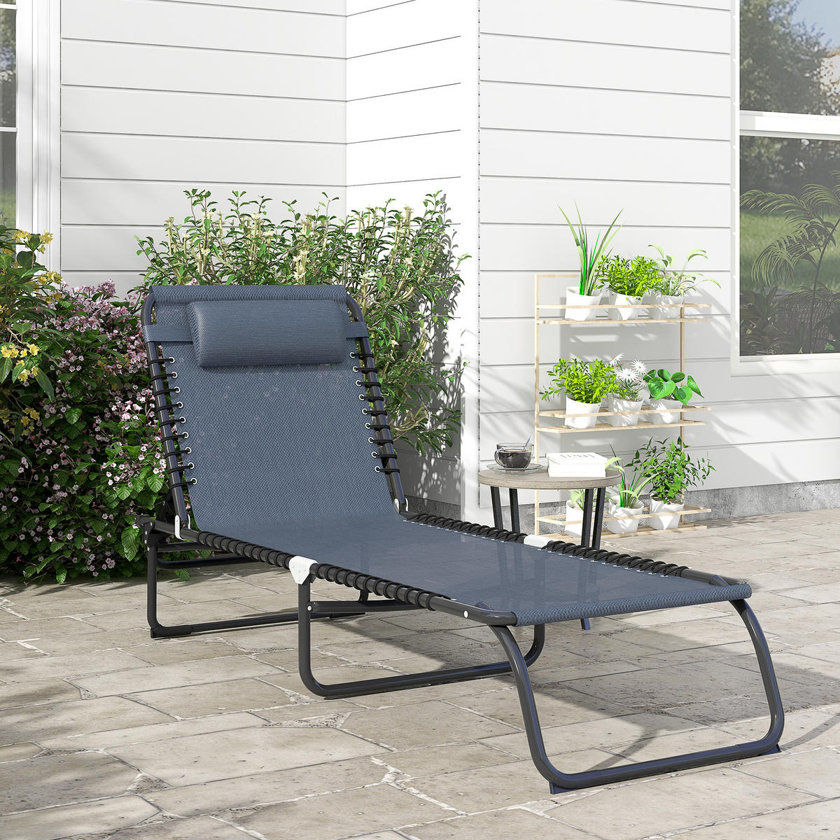 KLAPPBARE Sonnenliege mit 4-fach verstellbarer Rückenlehne, wetterfeste Camping- und Gartenliege bis 120 kg, Grau - Grau, Metall (189/30/58cm)