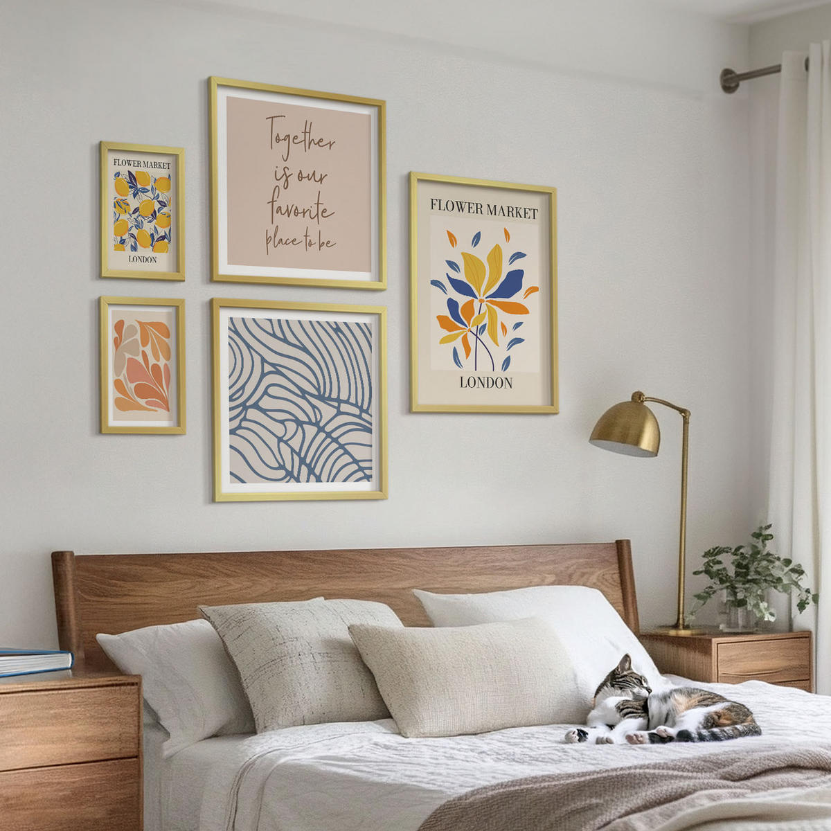 WANDBILDER 5er Set - 50x50 cm & 20x30 cm & 40x60 cm Goldrahmen - Moderne abstrakte Blumen - Goldfarben, Kunststoff (40/60cm) - ArtPrintCave