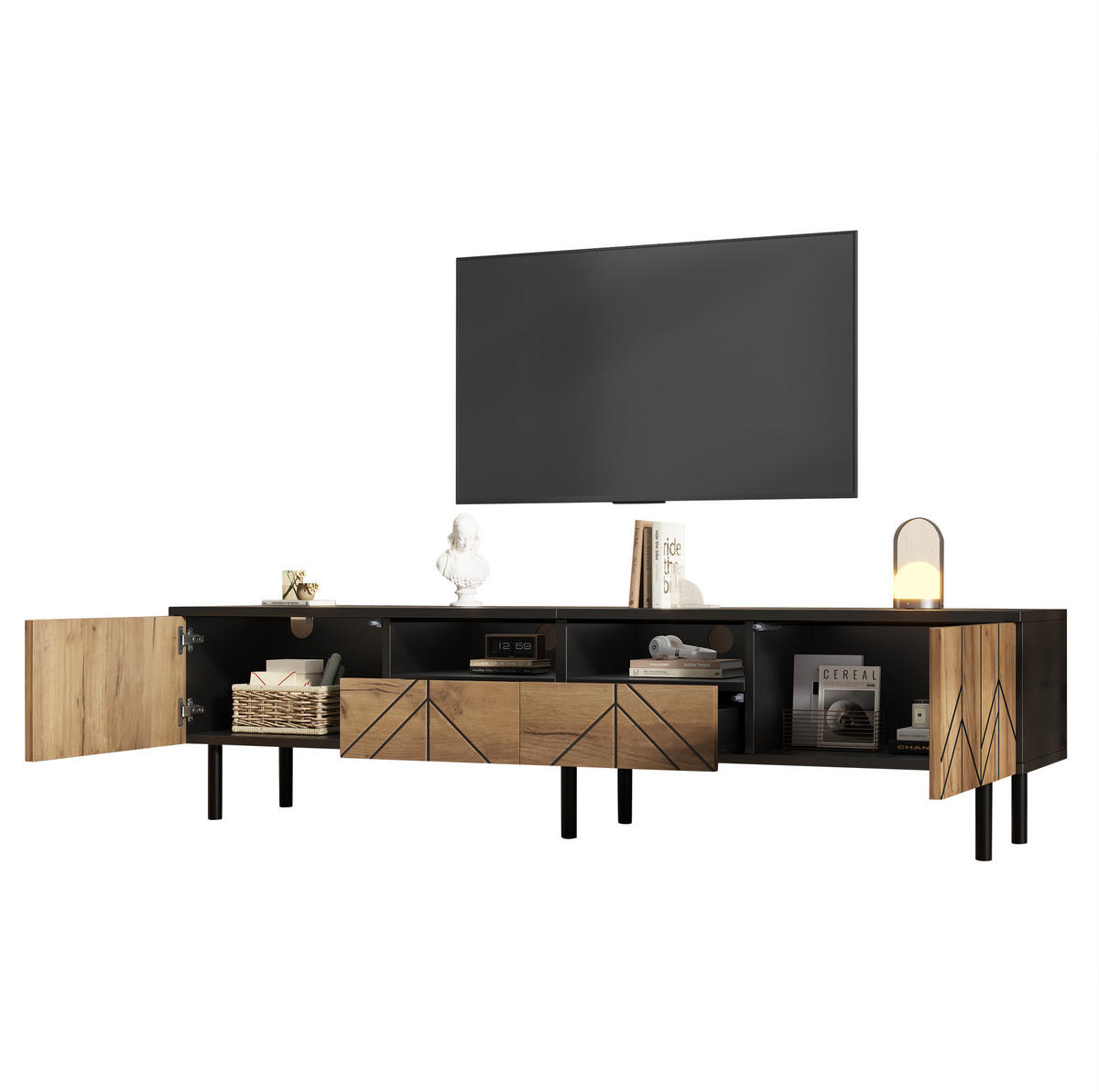 TV-LOWBOARD 180/40/45 cm schwarz/natur aus Spanplatte mit 2 Schubladen und 2 Türen - Schwarz, Holzwerkstoff (180/45/40cm) - OKWISH