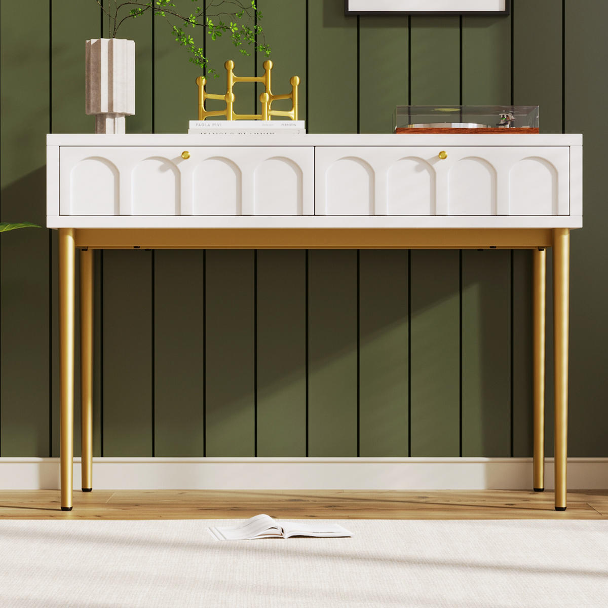 SCHMINKTISCH Cremeweiß und Golden 100/76,5/45 cm - Beige, Holzwerkstoff/Metall (100/76.5/45cm) - Urban Meuble