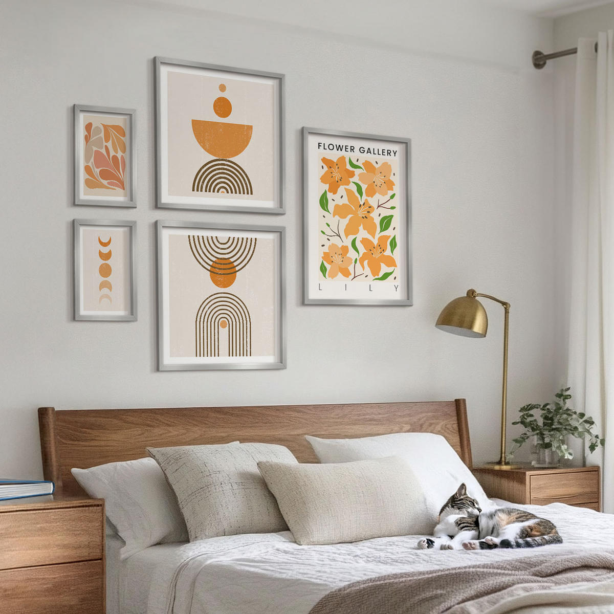 BILDER SET 5er Set - 50x50 cm & 20x30 cm & 40x60 cm Silberner Rahmen - Abstrakte orange Formen - Silberfarben, Kunststoff (40/60cm) - TULUP
