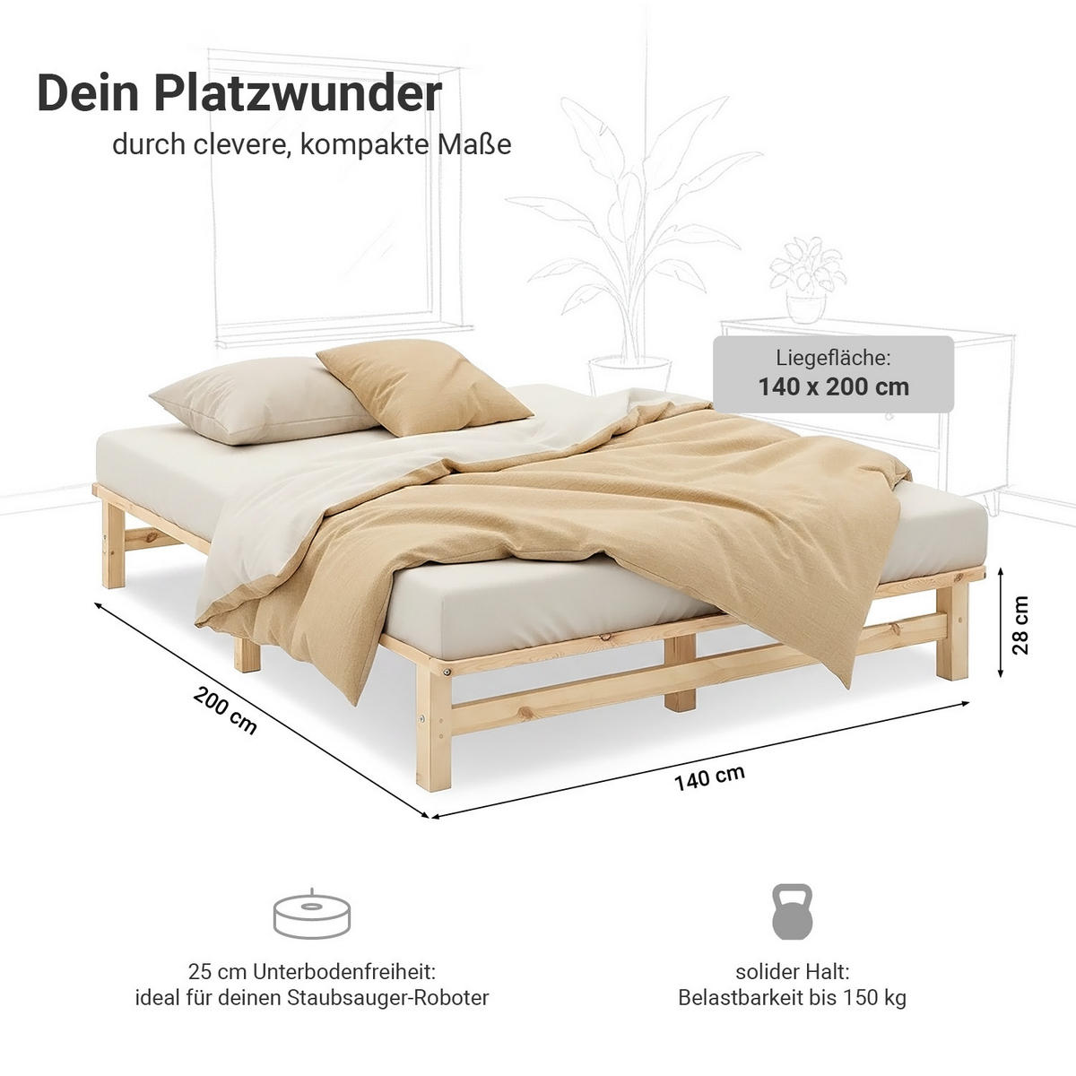 HOLZBETT Palettenbett 140/200 cm natur - Braun, Holz (140/200cm) - Homestyle4u