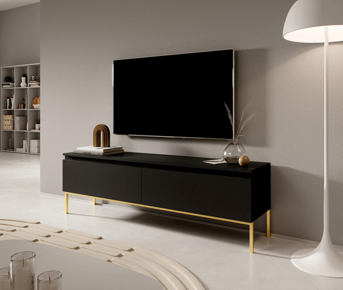 TV-SCHRANK Bemmi Schwarz mit goldenen Metallbeinen 150 cm - Goldfarben/Schwarz, Holzwerkstoff/Metall (150/46/32cm) - Selsey