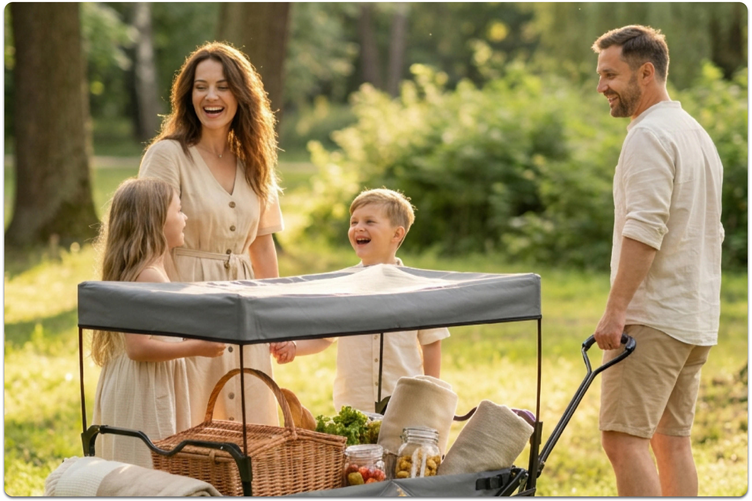 Eine Familie mit Mutter, Vater und zwei Kindern steht im Grünen und lacht. Der Vater zieht einen Bollerwagen, auf dem ein Picknickkorb aus Holz, Picknickdecken und Lebensmittel stehen.