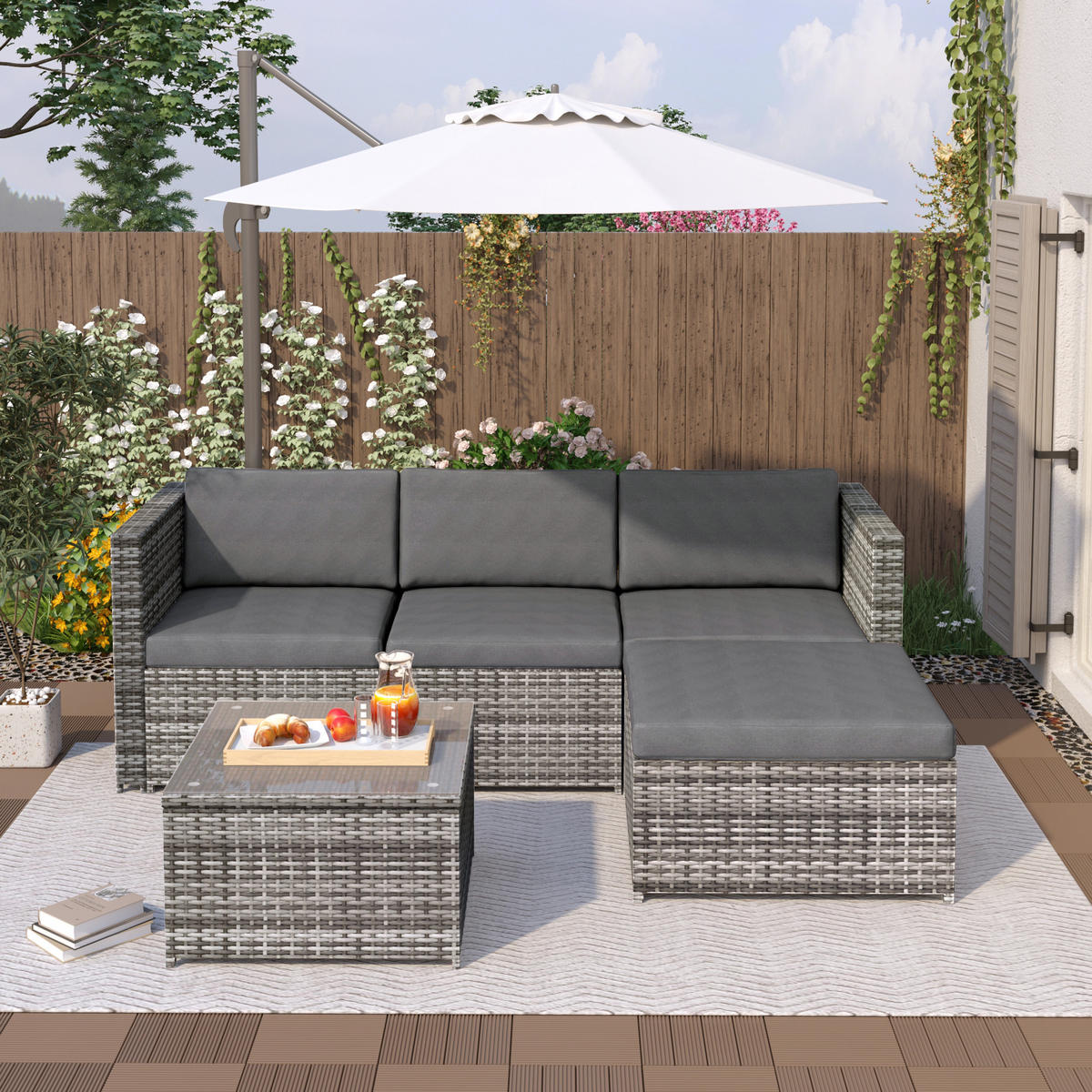 LOUNGESET Grau Poly Rattan Mit Sitzkissen & Glastisch - Grau, Metall - FLIEKS
