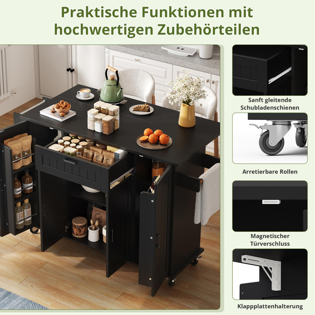 KÜCHENINSEL 120/95/45(70) cm Schwarz aus MDF mit klappbarer Arbeitsplatte - Schwarz, Holzwerkstoff (70/95/120cm) - OKMYHOME
