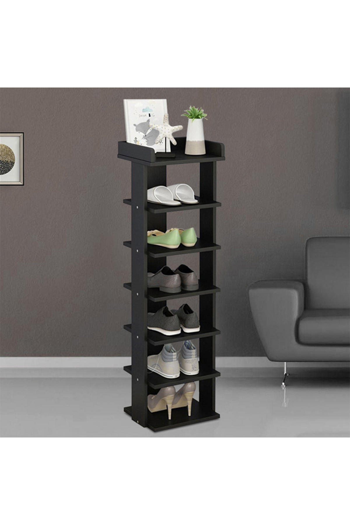 SCHUHREGAL 7-Stufige aus MDF in Schwarz Stabile Konstruktion Offene Ablage Platzsparendes Design 25 x 27 x 104 cm - Schwarz, Kunststoff (25/104/27cm) - Livingandhome