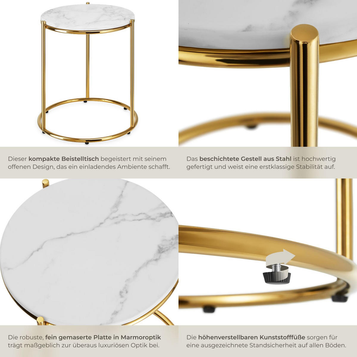 BEISTELLTISCH Ellsa, 43 x 43 x 50,5 cm, weiß/gold - Goldfarben/Weiß, Kunststoff (43/43/50.5cm) - tectake