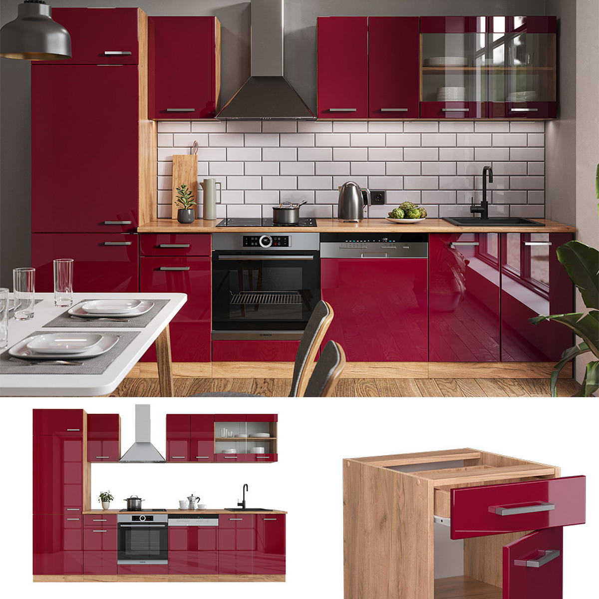 KÜCHENZEILE R-Line Rot Hochglanz/Goldkraft Eiche 300 cm , AP Eiche - Rot/Eiche Wotan, Holzwerkstoff (300/81.6/60cm) - Vicco