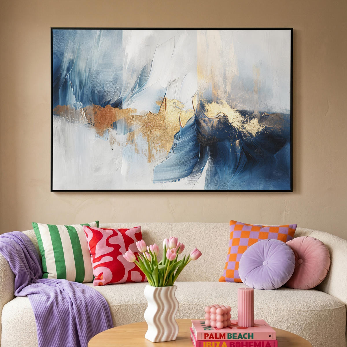 LEINWAND Bilder mit Rahmen - Gold - Blau - Aquarell - Kunst - Modern - 120x80 - Hellblau, Textil (120/80cm) - MuchoWow