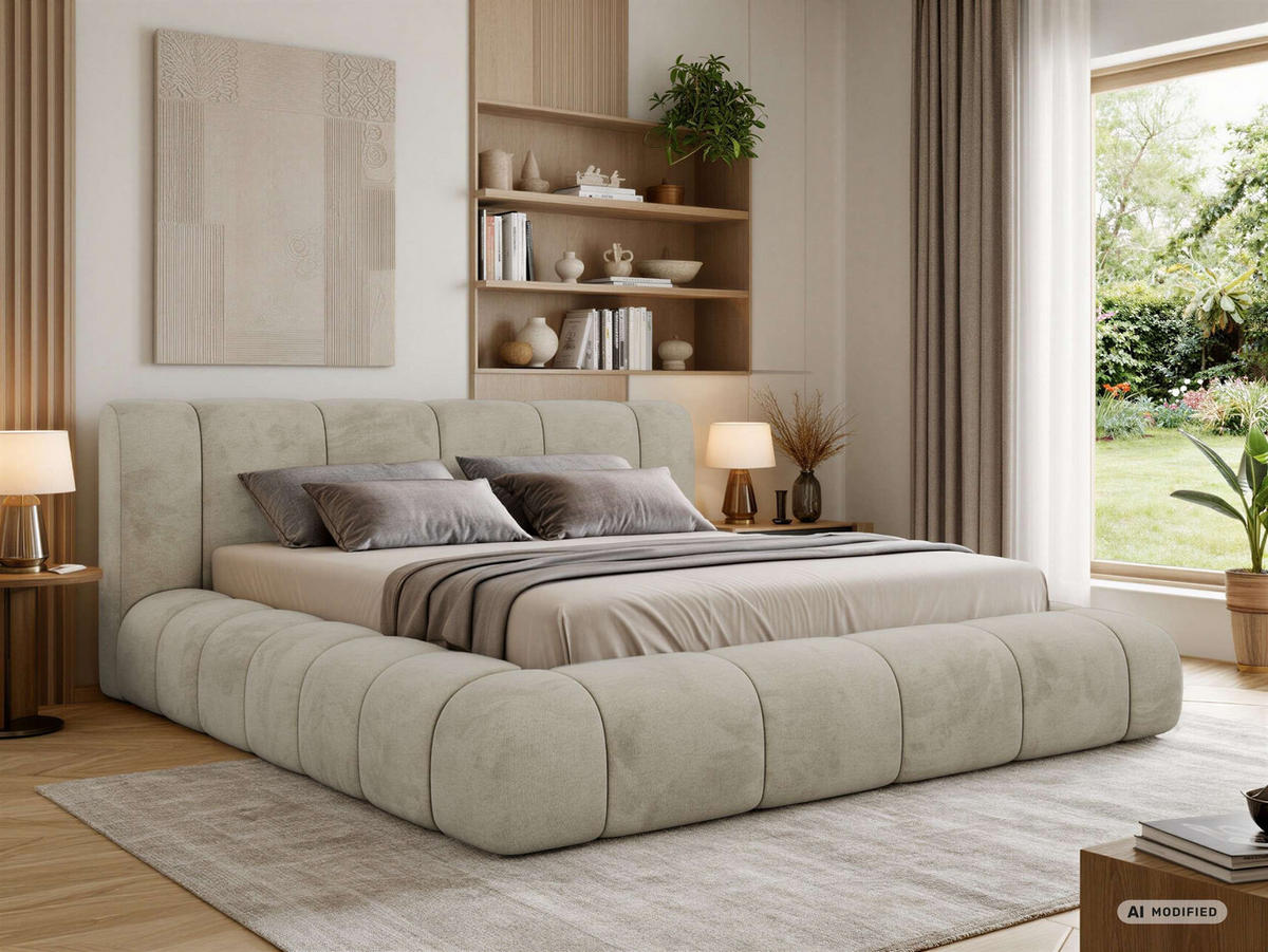 ČALÚNENÁ POSTEĽ NUBEA CLASSIC 140/200 - Béžová Zamat - Matrac Pocket - béžová, textil (140/200cm) - MKS