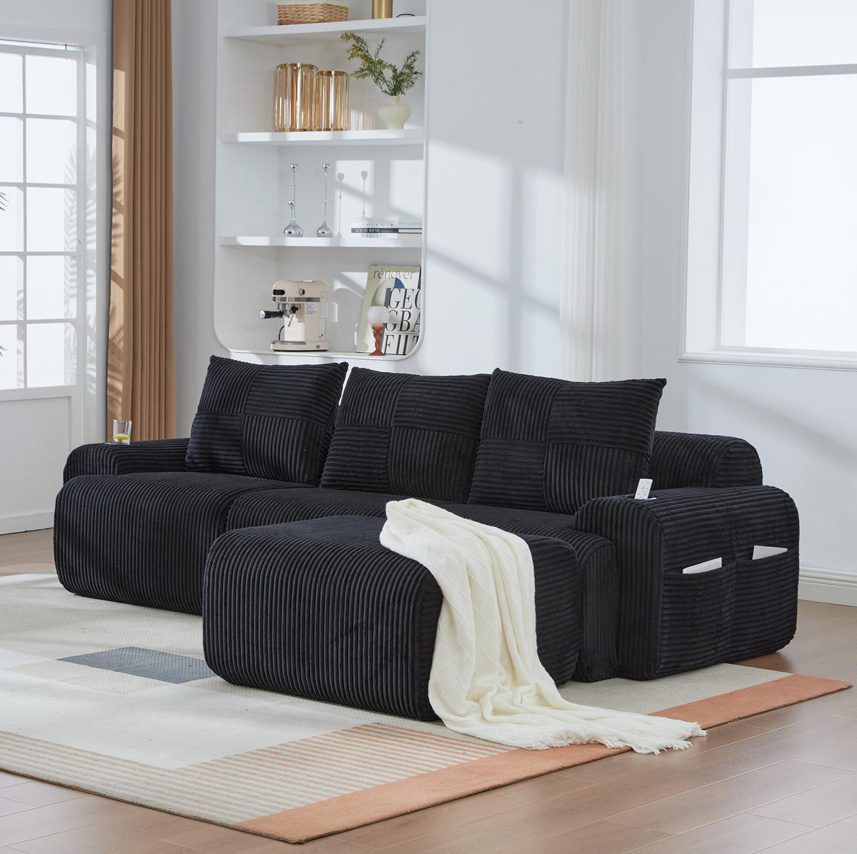 SOFA 268/174/80 cm in Schwarz mit Cupholder und Seitentasche - Schwarz, Textil (174/80/268cm) - Flora Grace
