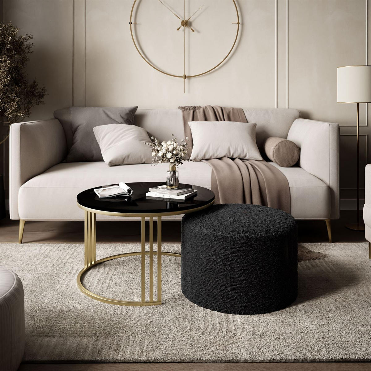 COUCHTISCH mit Hocker LORI Hochglanz gebürstetes Gold/Schwarz glänzend/Coral 60 - Schwarz, Metall (70/70/49cm) - Lookway