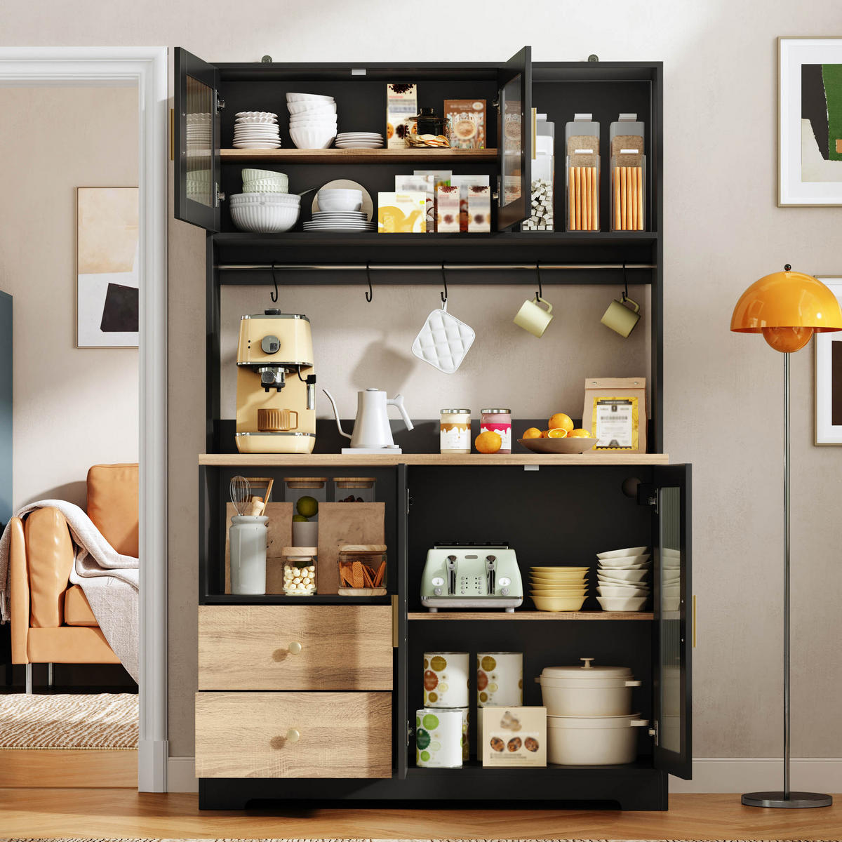 BUFFET 178 cm MDF Schwarz Holzoptik mit RGB-LED und Weinregal - Schwarz, Holzwerkstoff (40/178/110cm) - Korfee