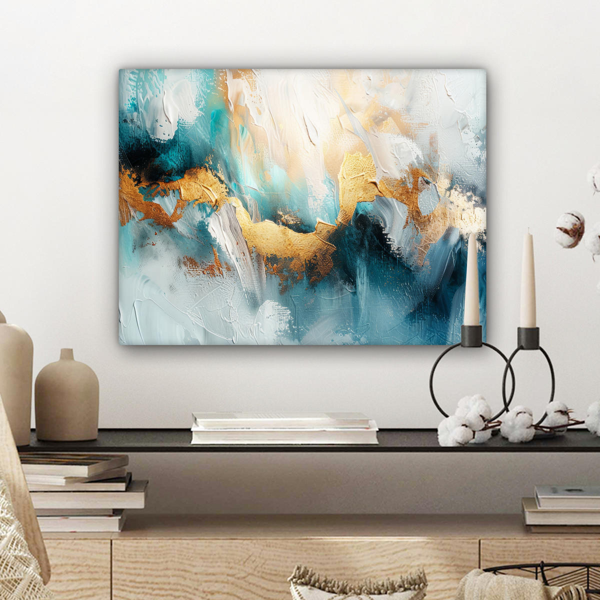 LEINWANDBILD Abstrakt - Kunst - Gold - Blau Wandbild 40x30 cm - Petrol, Textil (40/30cm) - MuchoWow