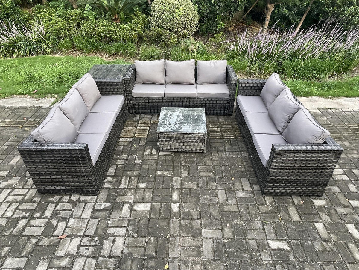 GARTENTISCHGRUPPE Polyrattan 9-Sitzer - Dunkelgrau, Metall - Fimous