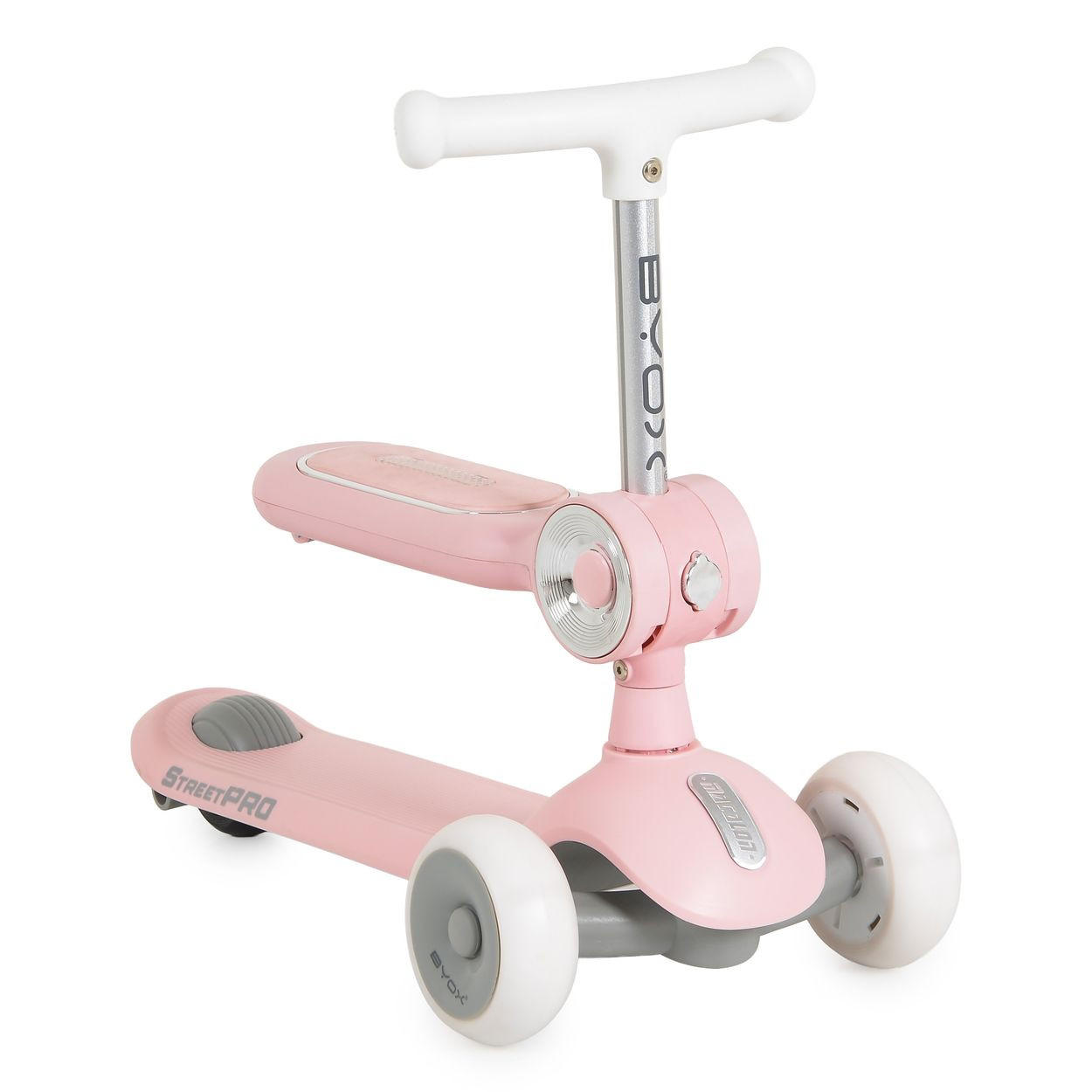 KINDERROLLER StreetPro 2 in 1 rosa Sitzfunktion, Musik, PU-Rollen, verstellbarer Lenker, Hinterradbremse - Rosa, Metall (55/30/78cm)