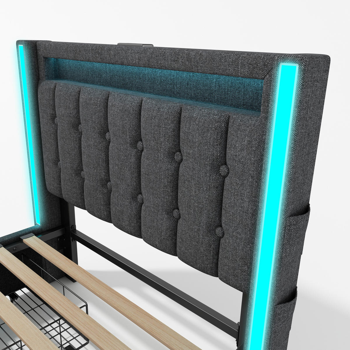 POLSTERBETT aus Leinen 90x200 cm in Grau mit LED & USB/Typ-C & 2 Schubladen - Grau, Textil (90/200cm) - Modfu