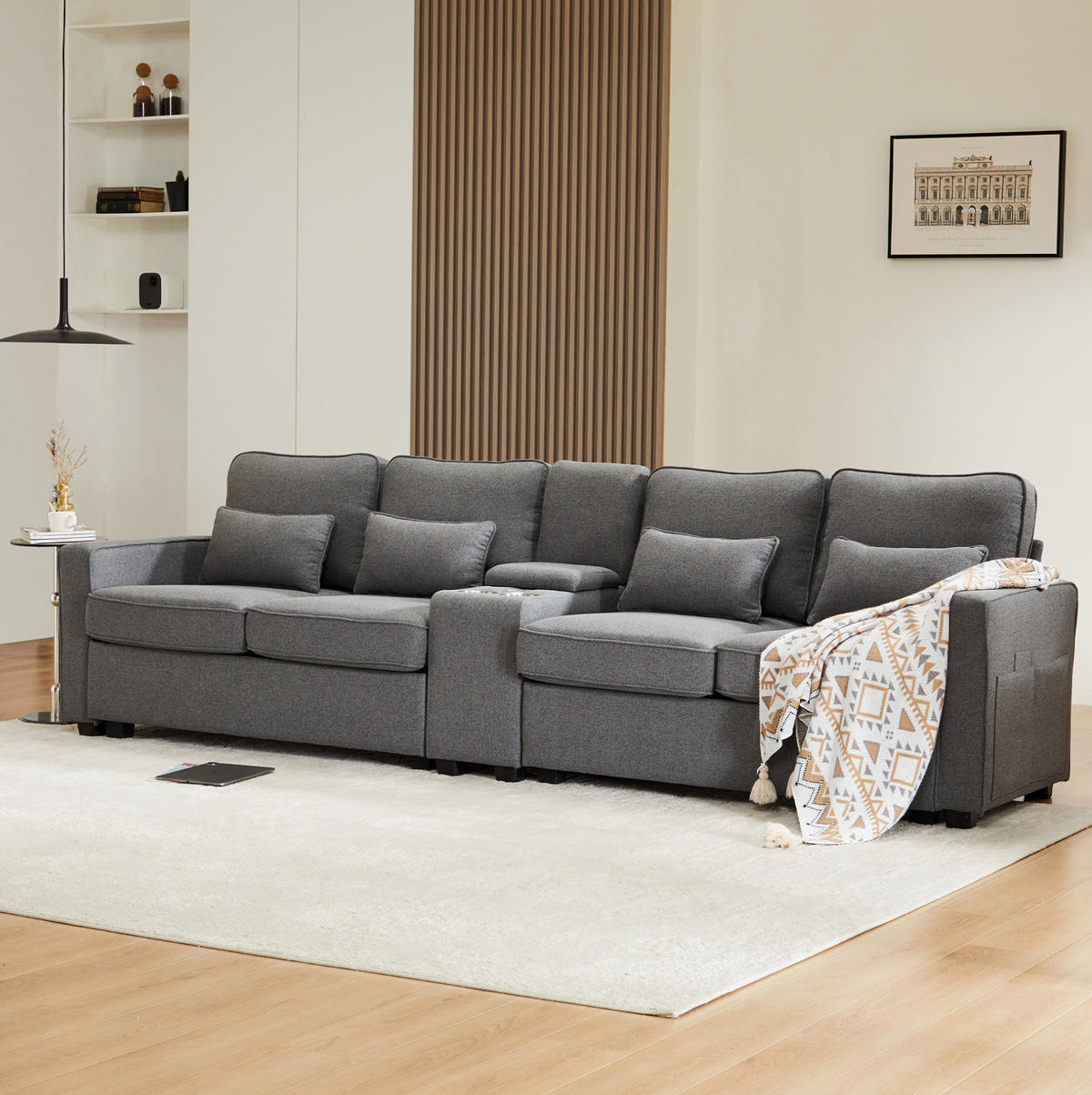 4-SITZER Sofa Leinenstoff mit Konsole USB-Anschluss und Getränkehaltern 290/83/88 cm Dunkelgrau - Dunkelgrau, Textil (88/290/83cm) - Redom