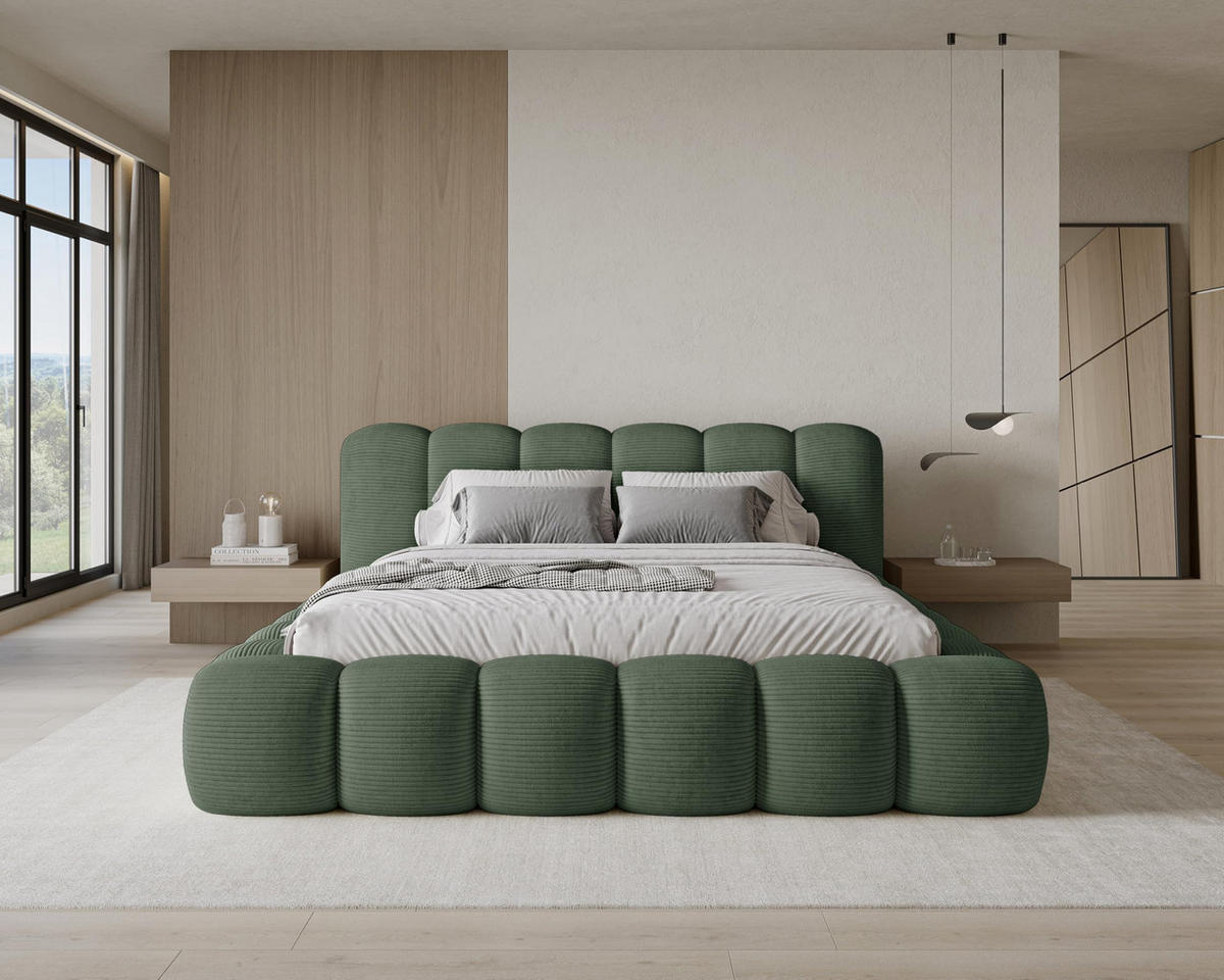 POLSTERBETT 200x200 mit Bettkasten, Lattenrost und Kopfteil, Poso Cord-Stoffbezug Grün - Grün, Holz (200/200cm) - Chilly