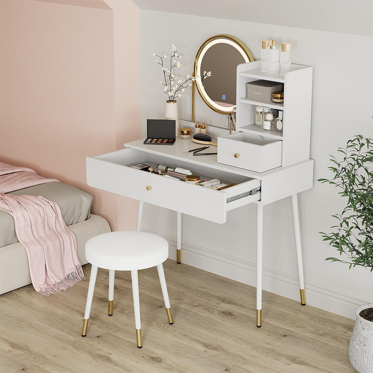 SCHMINKTISCH Mirela Weiß 90 cm mit LED-Spiegel und Hocker - Weiß, Holzwerkstoff (90/130/40cm) - Vicco