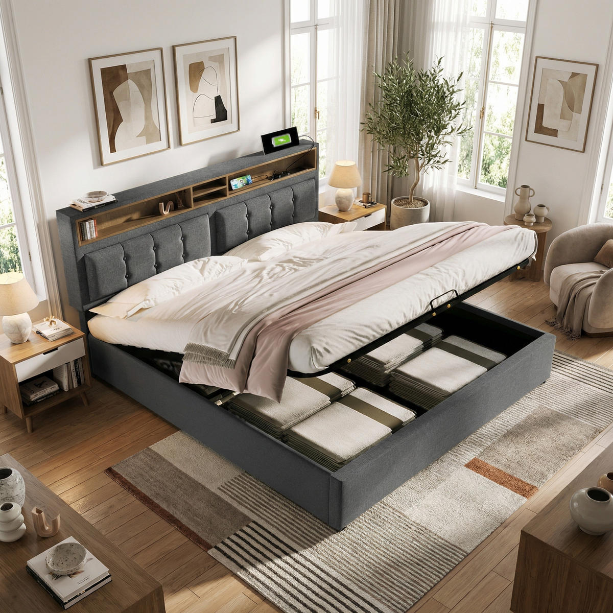 ČALOUNĚNÁ POSTEL 160×200 cm šedá – dvoulůžko s USB-C zásuvkou, úložným prostorem a nastavitelným čelem postele - šedá, kompozitní dřevo/textil (160/200cm) - Urban Meuble