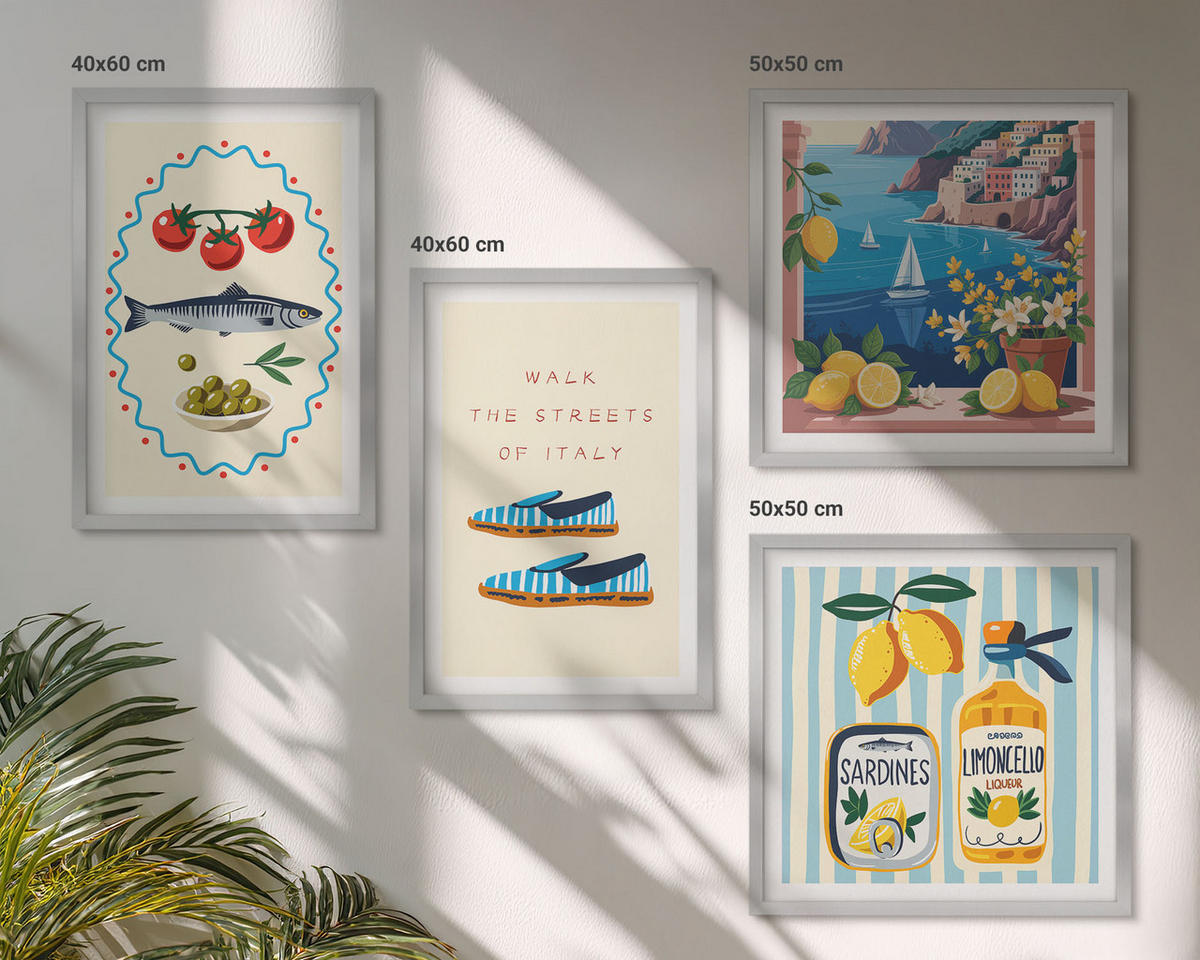 BILDER SET 4er Set - 50x50 cm & 40x60 cm Silberner Rahmen - Italienische Aromen, farbenfrohe Bilder - Silberfarben, Kunststoff (50/50cm) - TULUP